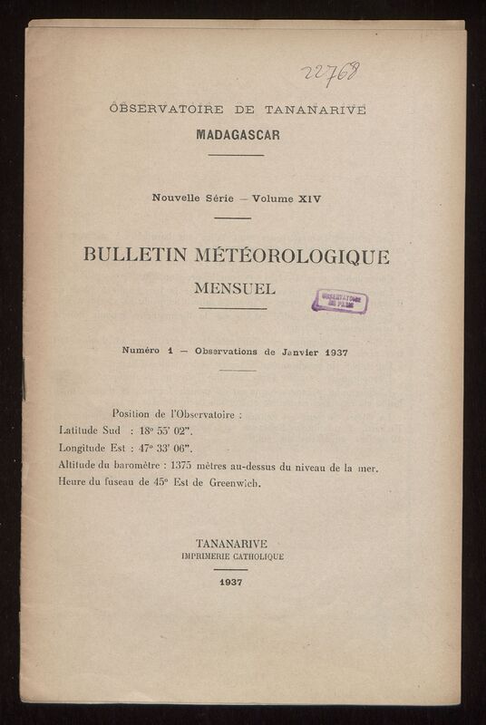 (1937) Bulletin météorologique mensuel de l'Observatoire de Tananarive