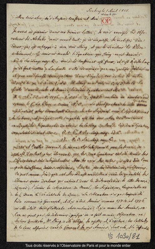 Lettre du baron Franz Xaver von Zach à Joseph Jérôme Le françois de Lalande Seeberg, 1er août 1801