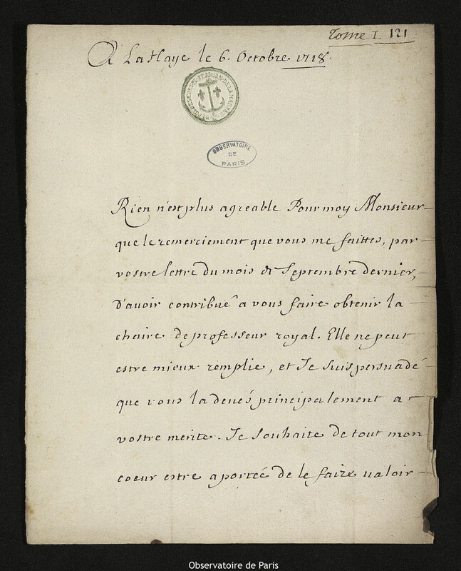 Lettre de Charles Jean Baptiste Fleuriau, comte de Morville à Joseph-Nicolas Delisle, La Haye, 6 octobre 1718