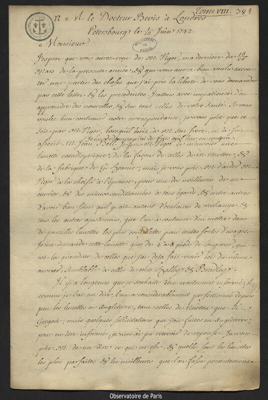 Lettre de Joseph-Nicolas Delisle à Jean Bevis, Saint-Pétersbourg,12 juin 1742