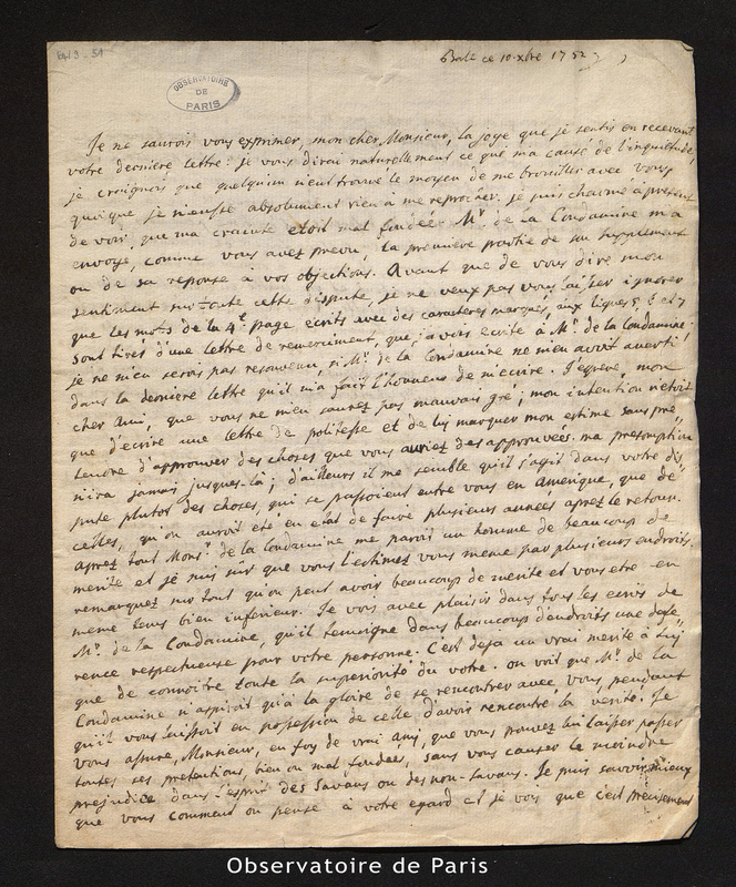 Lettre de Bernoulli à Bouguer ?, Bâle le 10 décembre 1752