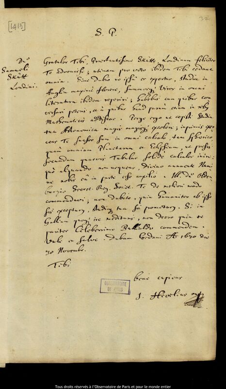 Lettre de Jan Heweliusz à Samuel Schult, Gdansk, 30 novembre 1670