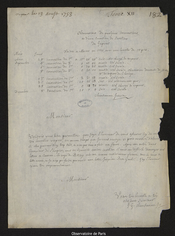 Lettre de Gaspar Jean Chanseaume à Joseph-Nicolas Delisle, Macao