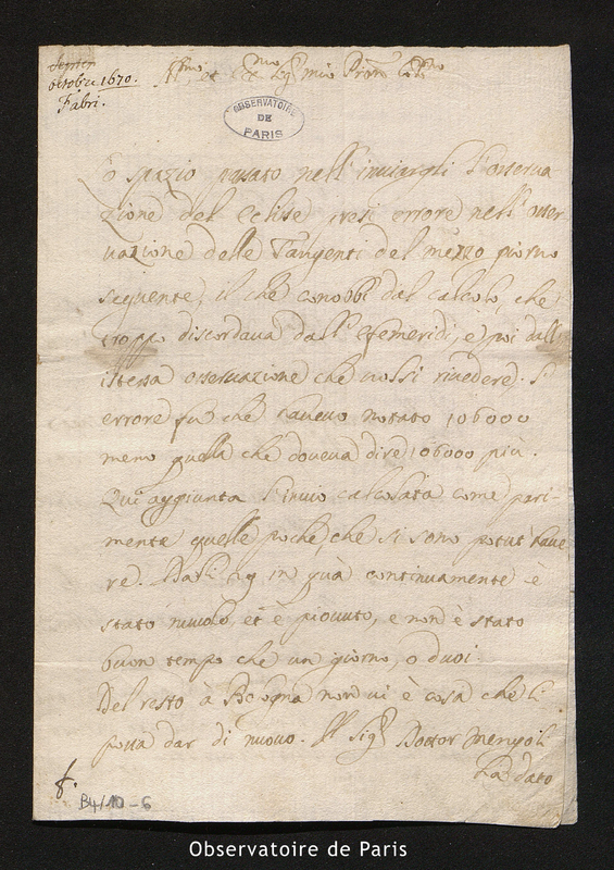 Lettre de Fabri à Cassini I, en octobre 1670