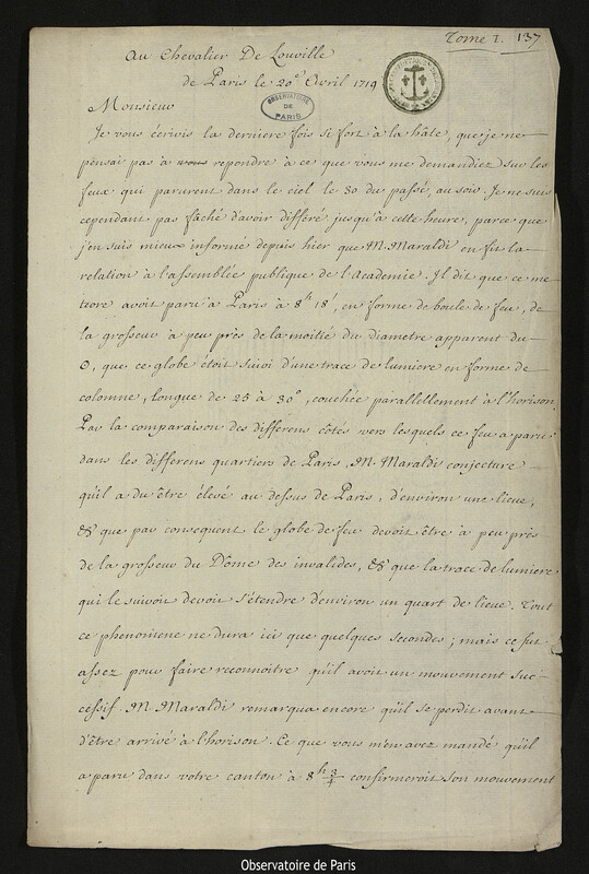 Lettre de Joseph-Nicolas Delisle à Jacques d'Allonville de Louville, Paris, 20 avril 1719