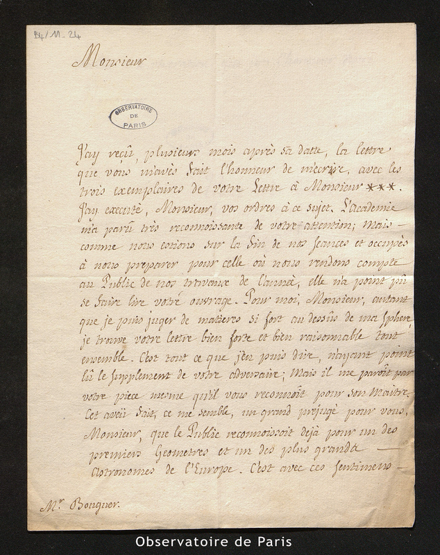 Lettre de Le Cat à Bouguer, Rouen le 14 octobre 1734