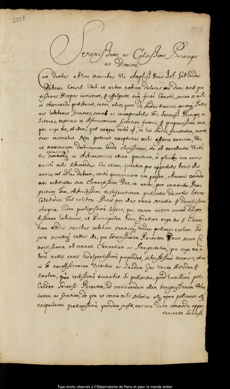 Lettre de Jan Heweliusz à Friedrich Wilhelm (électeur de Brandebourg), Gdansk, 17 décembre 1682