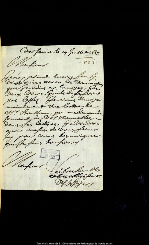 Lettre de Pierre Des Noyers à Jan Heweliusz, Varsovie, 19 juillet 1659