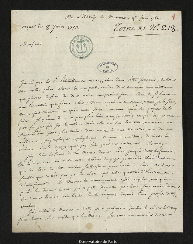 Lettre de Louis Lagrange à Joseph-Nicolas Delisle, Abbaye de Murvaux,4 juin 1752