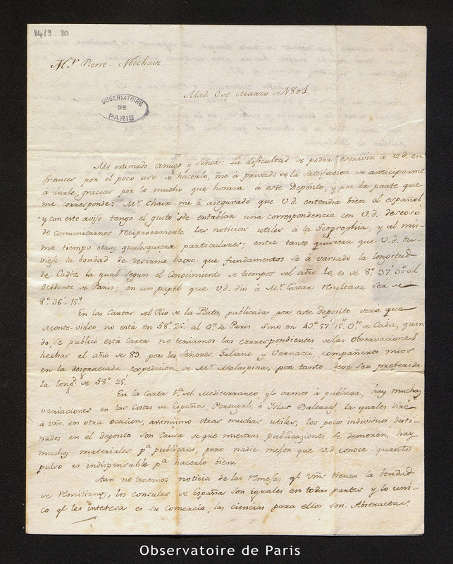 Lettre de Felipe Bauzá à Méchain, Madrid le 9 mars 1801