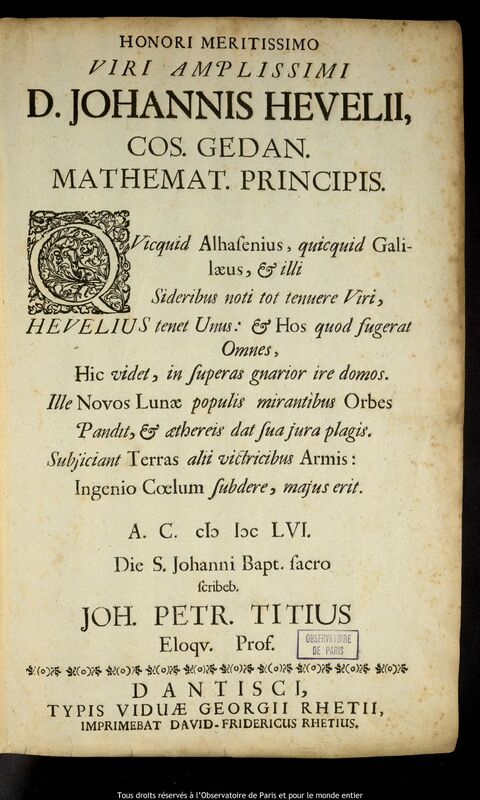 Texte imprimé de Johann Peter Titz à Jan Heweliusz, Gdansk, 24 juin 1656