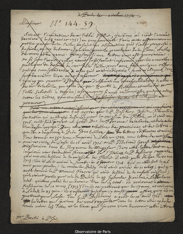 Lettre de Joseph-Nicolas Delisle à Tommaso Perelli, Paris