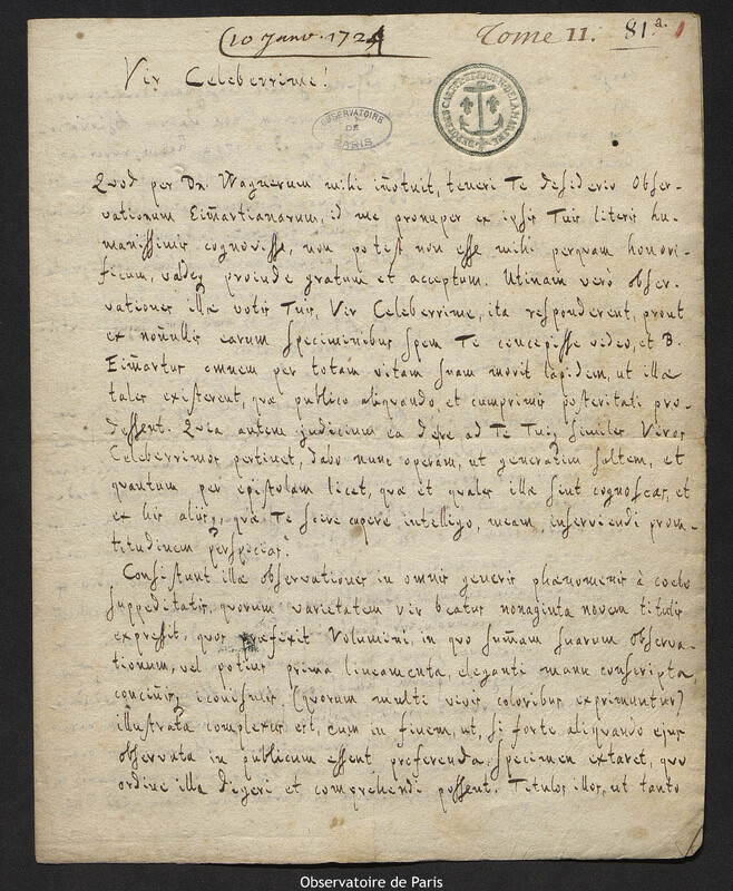 Lettre de Johann Heinrich Müller à Joseph-Nicolas Delisle, Altdorf, 10 janvier 1724