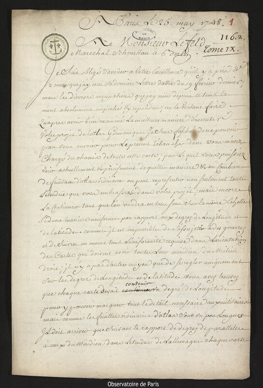 Lettre de Joseph-Nicolas Delisle au comte Samuel de Schmettau, Paris, 25 mai 1748