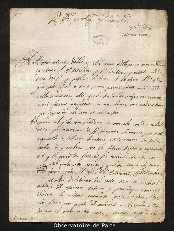 Lettre de Salvator Serra à [Cassini I], Rome le 19 septembre 1665