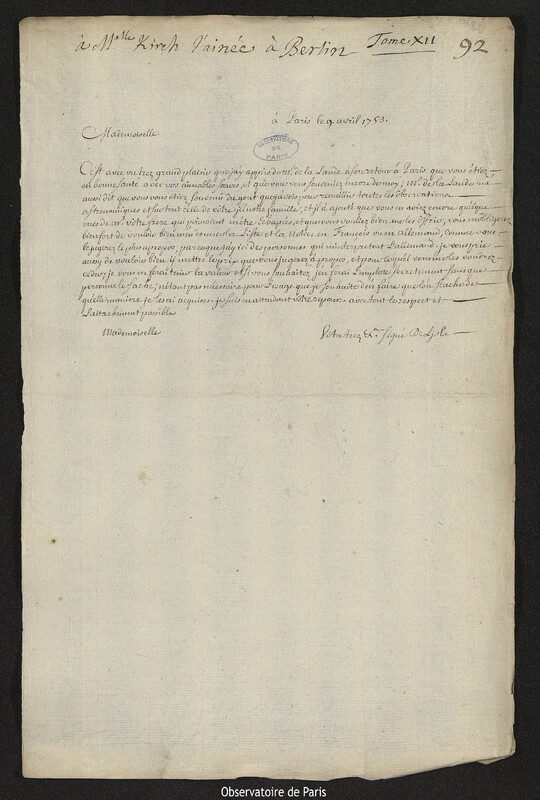 Lettre de Joseph-Nicolas Delisle à Christine Kirch, Paris, 9 avril 1753