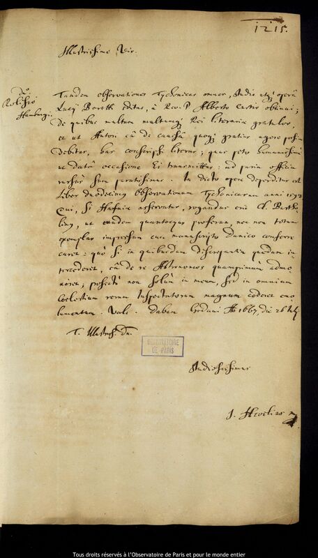 Lettre de Jan Heweliusz à Stanislaw Lubieniecki, Gdansk, 26 juillet 1667