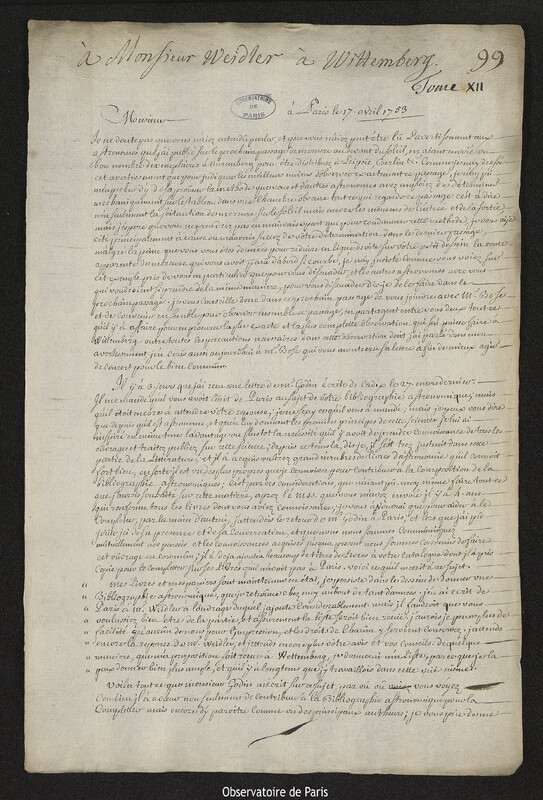 Lettre de Joseph-Nicolas Delisle à Johann Friedrich Weidler, Paris, 17 avril 1753