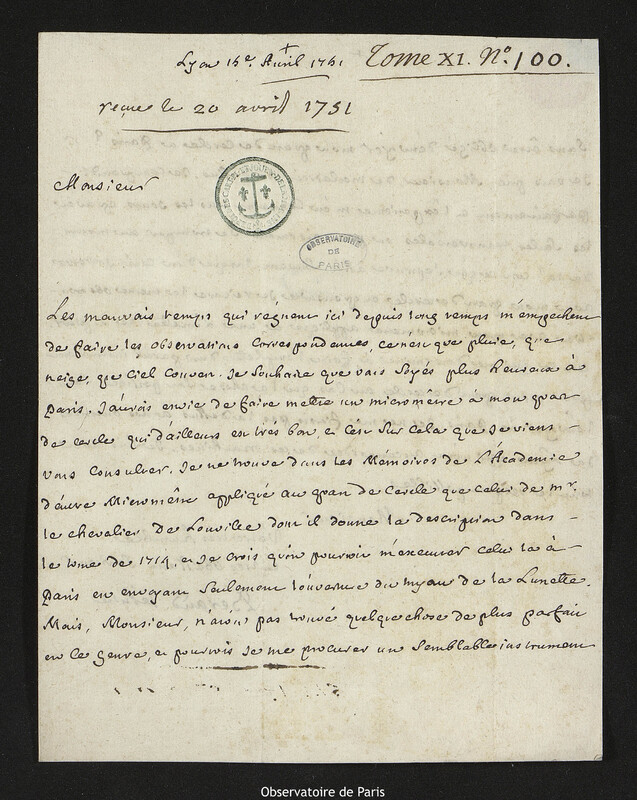 Lettre de Laurent Béraud à Joseph-Nicolas Delisle, Lyon, 15 avril 1751