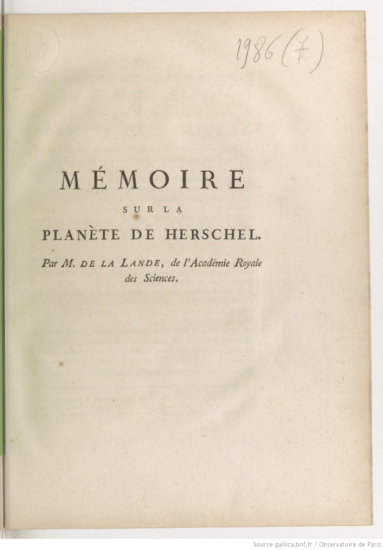 Mémoire sur la planète de Herschel