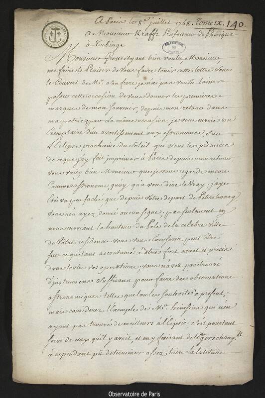 Lettre de Joseph-Nicolas Delisle à Georg Wolfgang Krafft, Paris, 8 juillet 1748