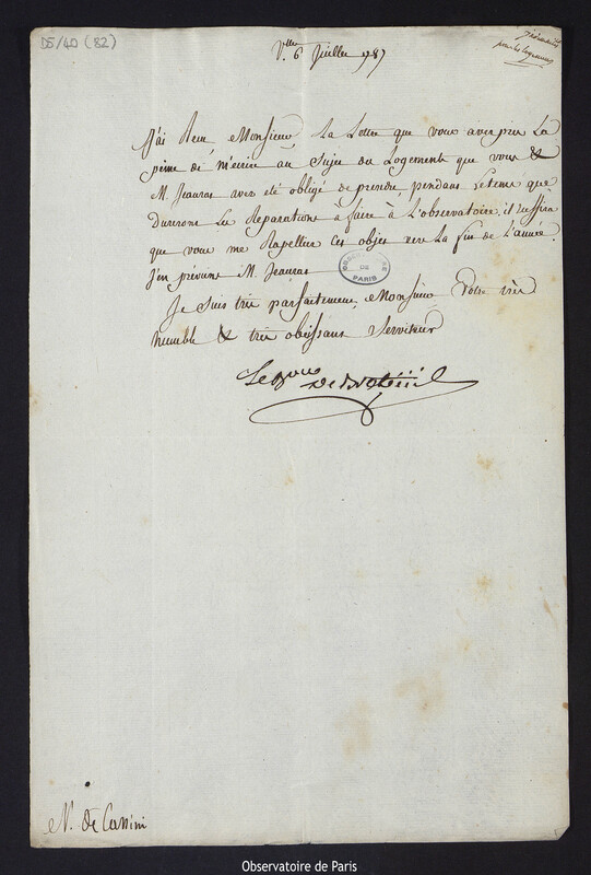 Lettre de Louis Le Tonnelier, baron de Breteuil, à Cassini IV, directeur de l'Observatoire, le 6 juillet 1787