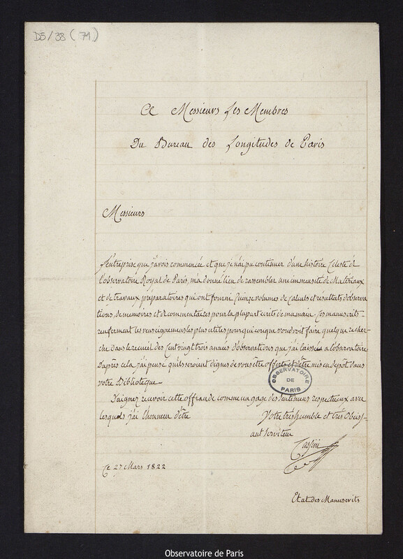 Lettre de Cassini IV aux Messieurs les Membres du Bureau des Longitudes de Paris, le 27 mars 1822