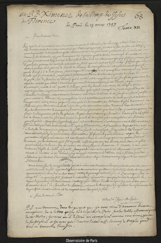 Lettre de Joseph-Nicolas Delisle à Leonardo Ximenes, Paris, 13 mars 1753