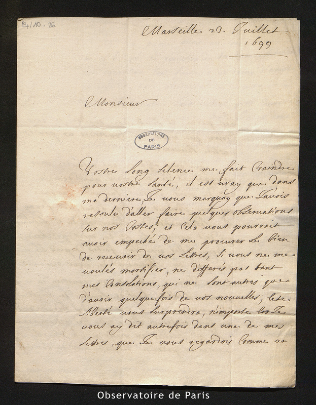 Lettre de Feuillée à Cassini I, Marseille le 23 juillet 1699