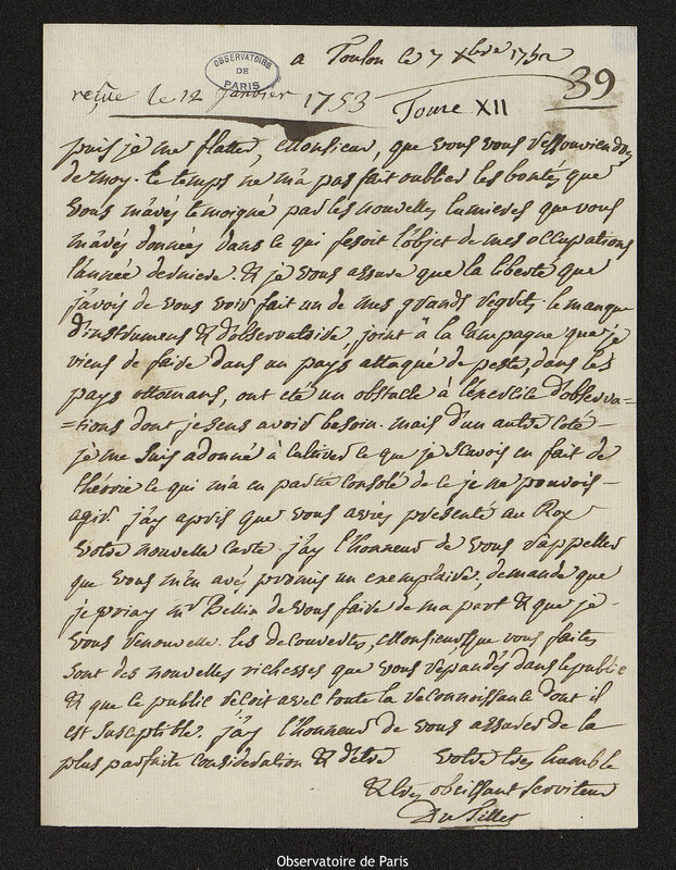 Lettre de Du Tillet à Joseph-Nicolas Delisle, Toulon, 7 décembre 1752