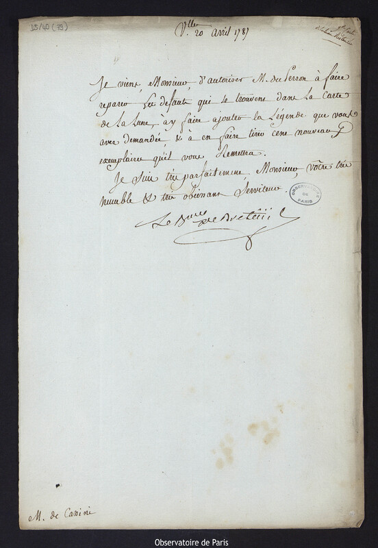 Lettre de Louis Le Tonnelier, baron de Breteuil, à Cassini IV, directeur de l'Observatoire, le 20 avril 1787