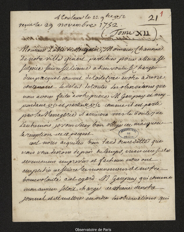 Lettre de Augustin Darquier de Pellepoix à Joseph-Nicolas Delisle, Toulouse, 22 novembre 1752