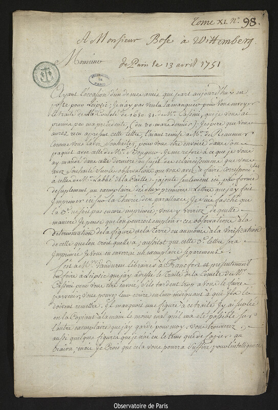 Lettre de Joseph-Nicolas Delisle à Georg Matthias Bose, Paris, 13 avril 1751