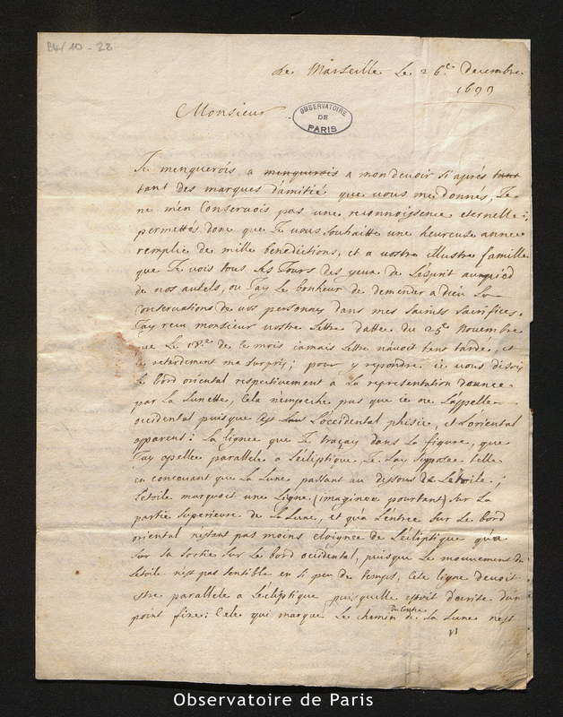 Lettre de Feuillée à Cassini I, Marseille le 26 décembre 1699