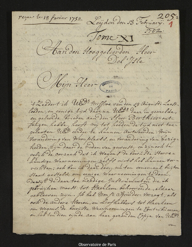 Lettre de Dirk Klinkenberg à Joseph-Nicolas Delisle, Leyde, 13 février 1752