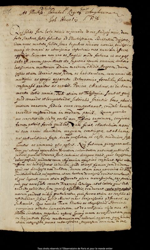 Lettre de Jan Heweliusz à Thomas Gale, Gdansk, 1678