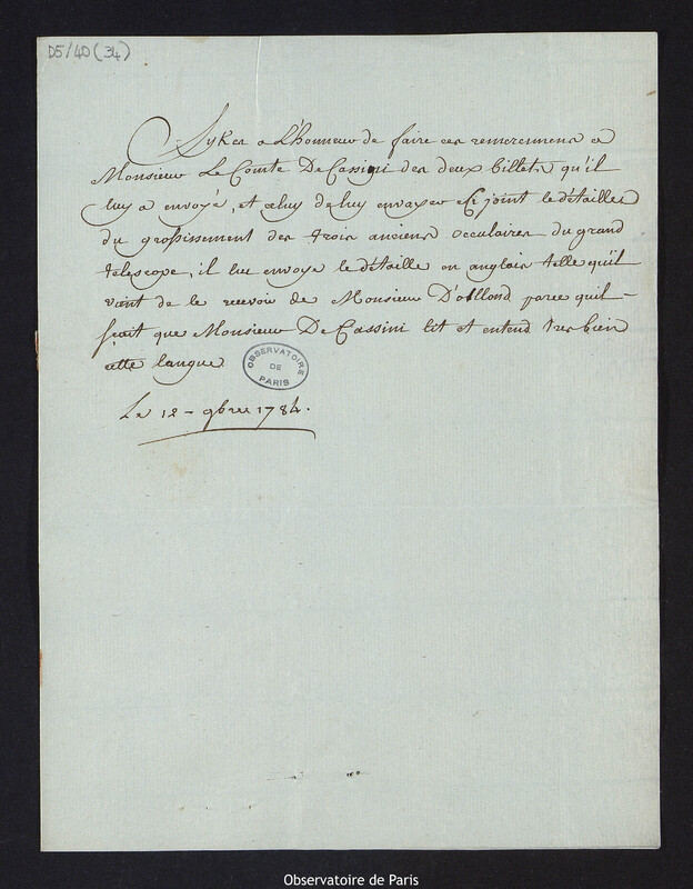 H. SYKES. Note adressée à Cassini IV, directeur de l'Observatoire