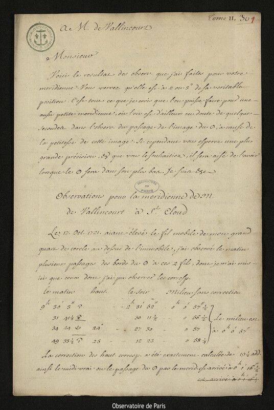 Lettre de Joseph-Nicolas Delisle à Jean-Baptiste-Henri du Trousset de Valincour,19 octobre 1721