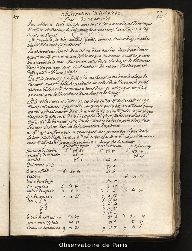 CASSINI I, DE LA HIRE et ROEMER. Observations de l'éclipse de Lune du 29 octobre 1678