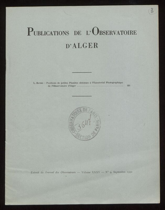 (1952) Travaux de l'Observatoire d'Alger