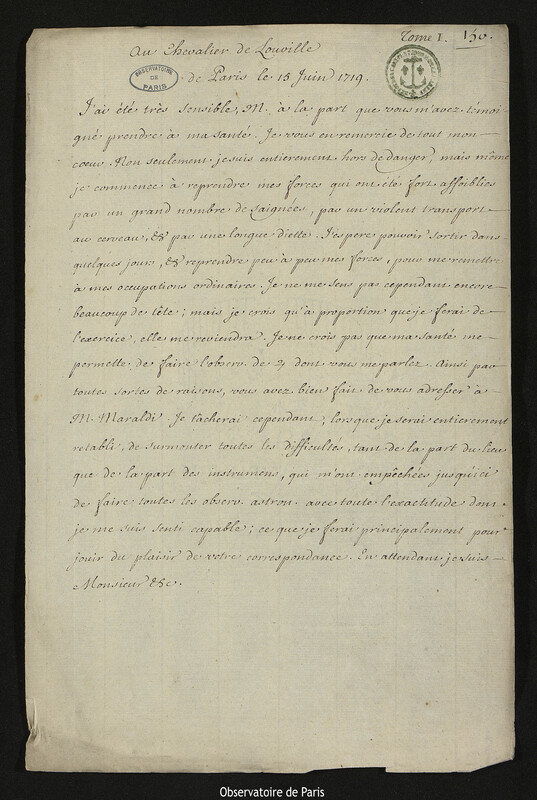 Lettre de Joseph-Nicolas Delisle à Jacques d'Allonville de Louville, Paris, 15 juin 1719