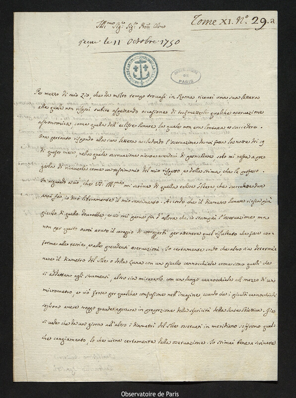 Lettre de Eustachio Zanotti à Joseph-Nicolas Delisle, Bologne, 30 juin 1750