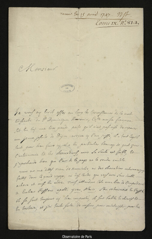 Lettre de Antoine Gaubil à Joseph-Nicolas Delisle, Pékin, juin 1746