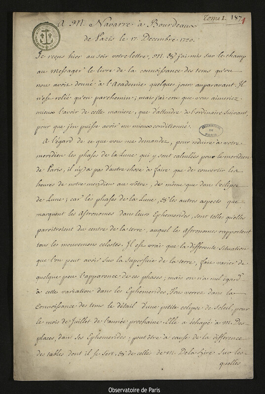 Lettre de Joseph-Nicolas Delisle à Joseph de Navarre, Paris, 17 décembre 1720