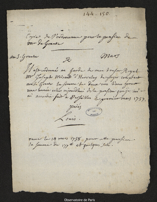 Copie de l'ordonnance pour la pension du baron de Grante, Versailles, 1er mars 1757