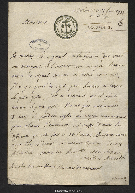 Lettre de Jacques Philippe Maraldi à Joseph-Nicolas Delisle, Paris, 7 février 1711