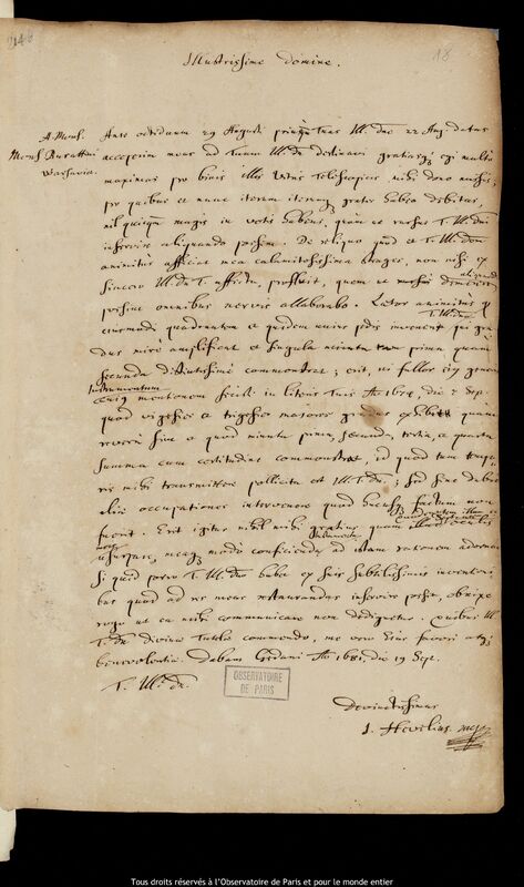 Lettre de Jan Heweliusz à Tito Livio Burattini, Gdansk, 19 septembre 1681