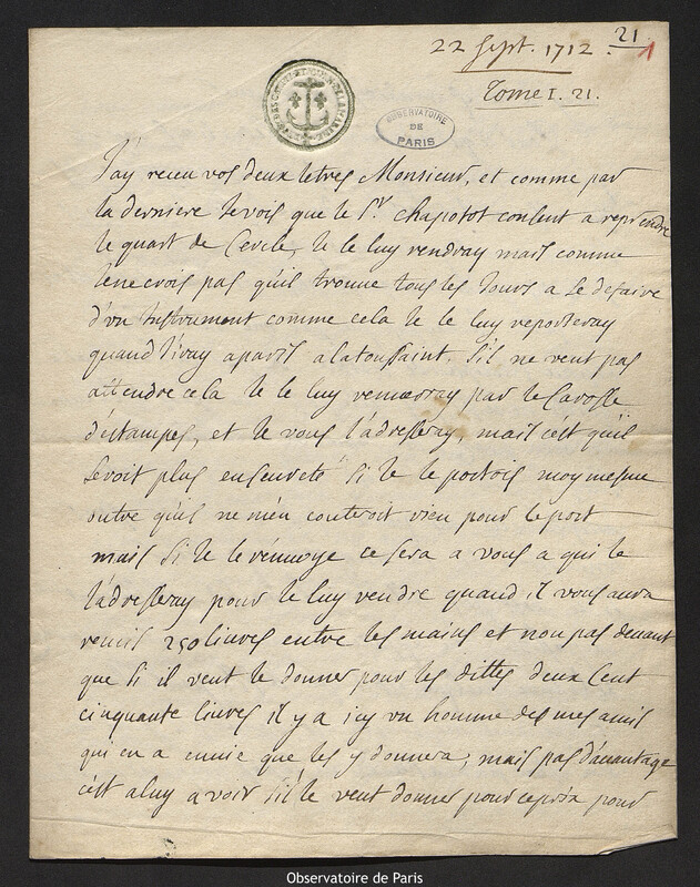 Lettre de Jacques d'Allonville de Louville à Joseph-Nicolas Delisle, Louville-la-Chenard, 22 septembre 1712