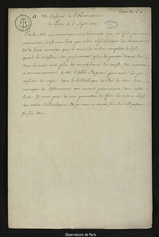 Lettre de Joseph-Nicolas Delisle à Jacques Cassini, Paris, 6 septembre 1721