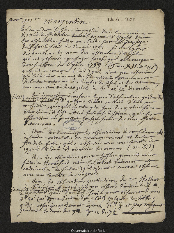 Lettre de Joseph-Nicolas Delisle à Pehr Wilhelm Wargentin